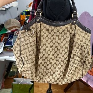 Authentic Gucci Large Sukey Beige and Dark Brown Monogram Tote